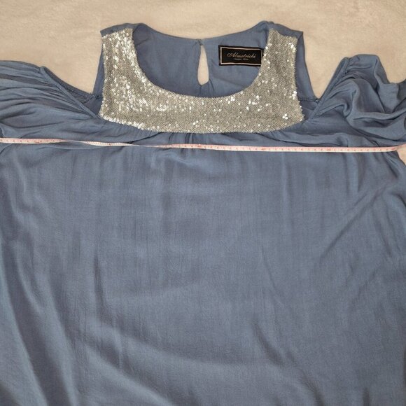 Y2K Almatrichi Blue Cold Shoulder Blouse Sequin Neckline Women’s Size S - Picture 13 of 13